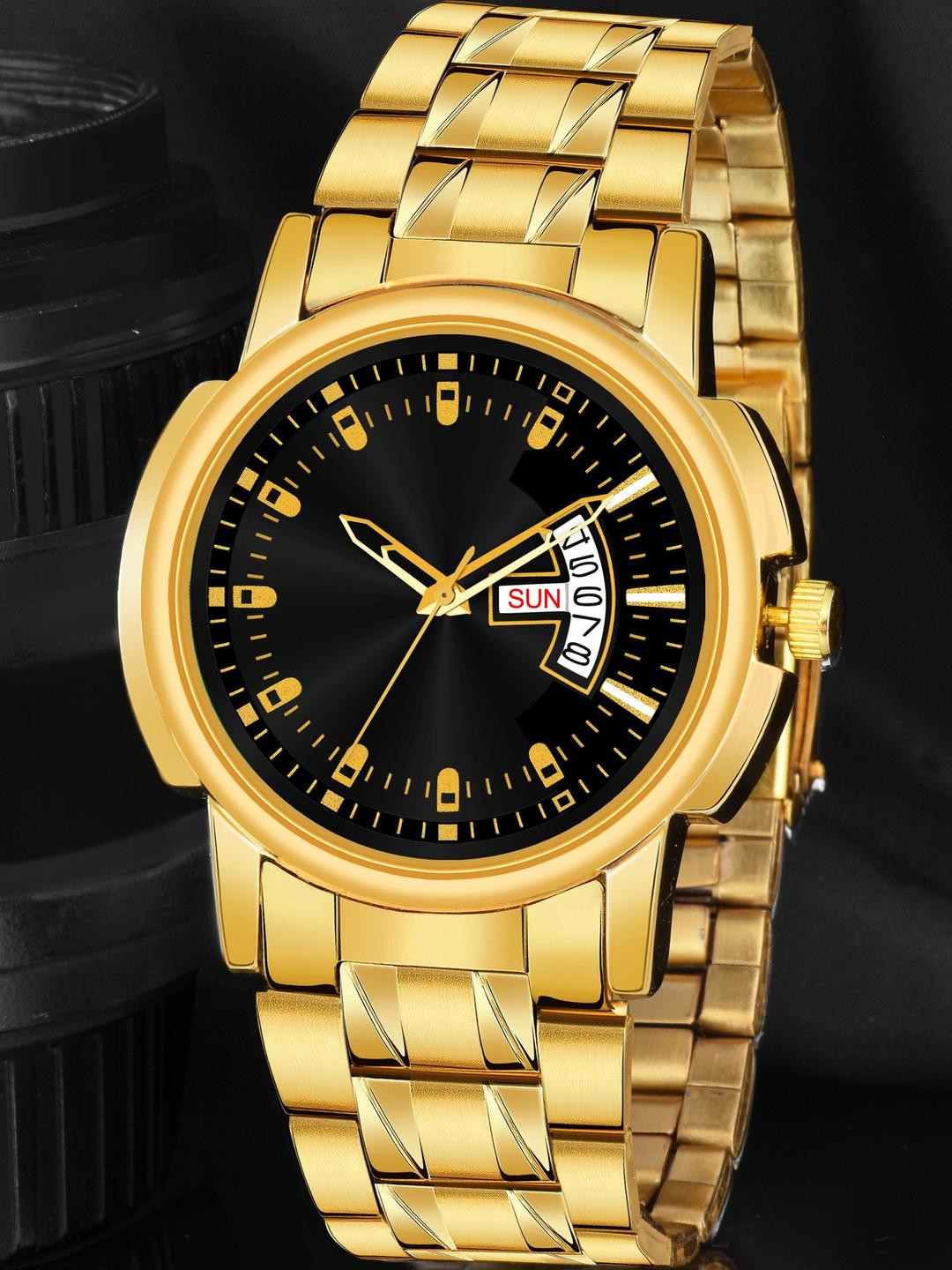 SZN Men Patterned Black Dial & Gold Stainless Steel Straps Analogue Watch