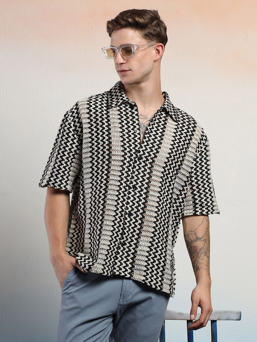 Stylecast X Kotty Men Relaxed Chevron Striped Casual Shirt