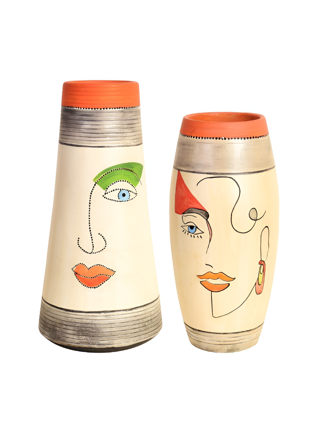 AAKRITI ART CREATIONS 2Pcs Beige & Red Terracotta Mohana Decorative Vases