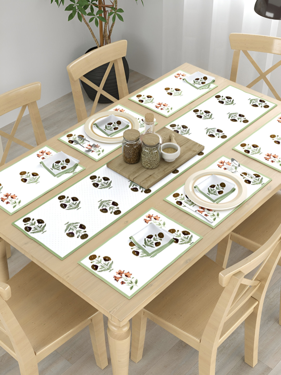 ROMEE Set Of 13 White & Green Floral Printed Table Linen Set