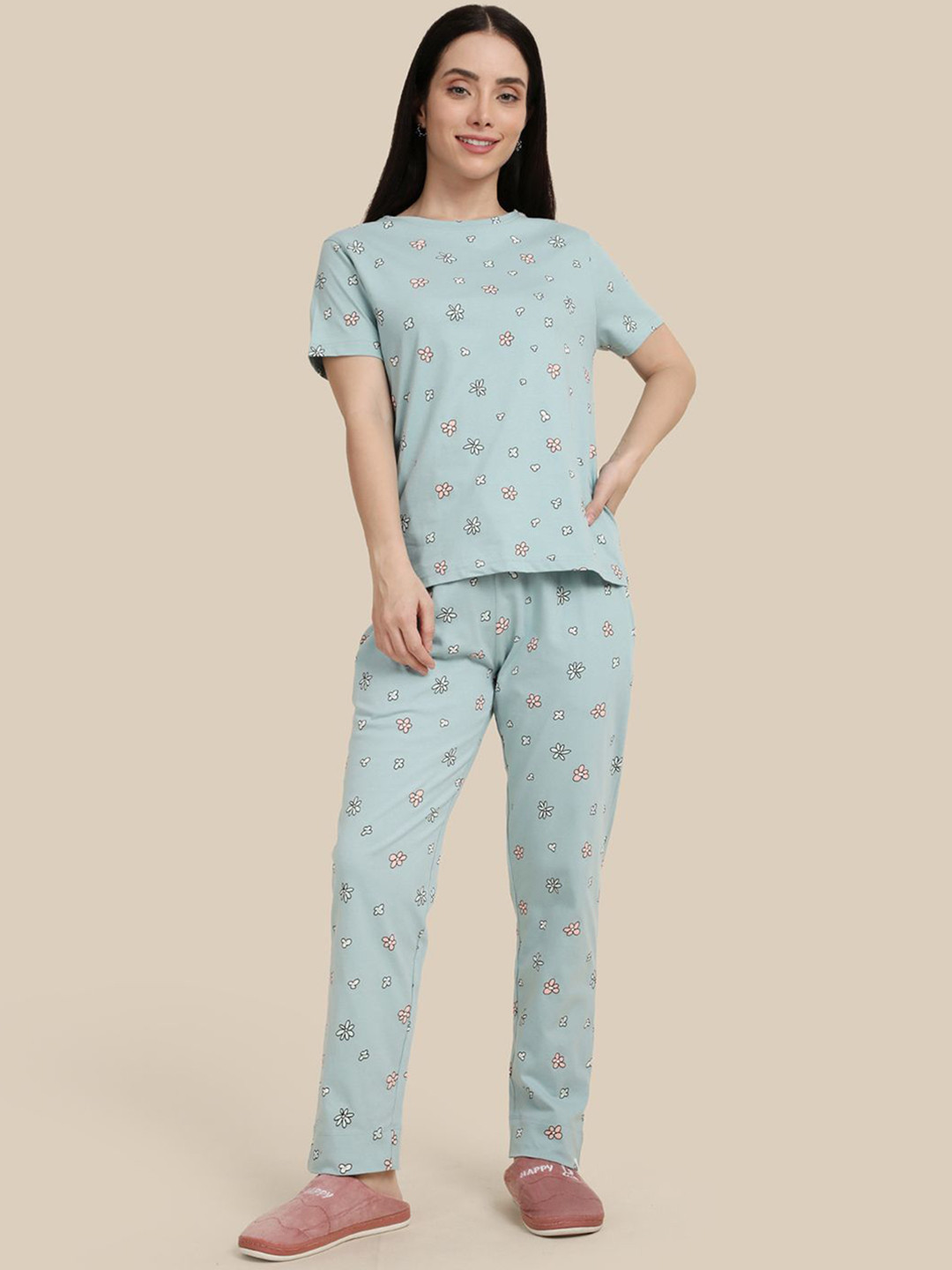 TWIN BIRDS Women Aquifer Floral Printed Pure Cotton Round Neck Top With Pant Night suits