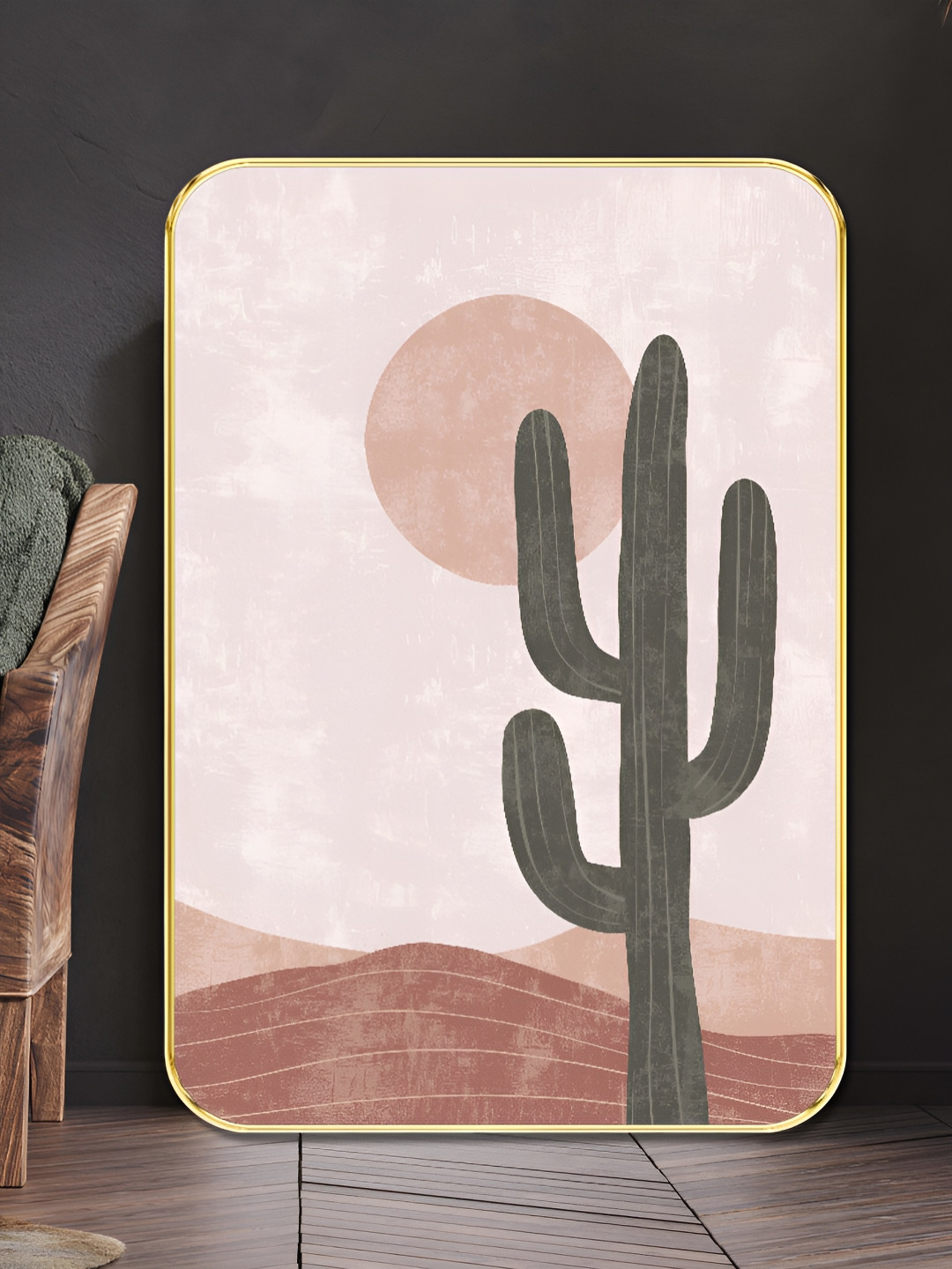 SAF Minimal Desert Cactus Wood Wall Rectangle Paintings Wall Art - 18x24In