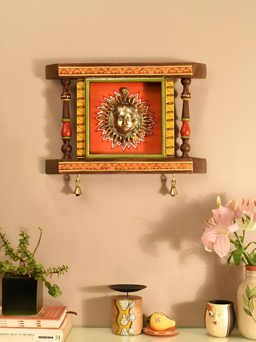 AAKRITI ART CREATIONS Surya Dev Wood Matte Hanging Hall Spiritual Wall Decor-10.2In