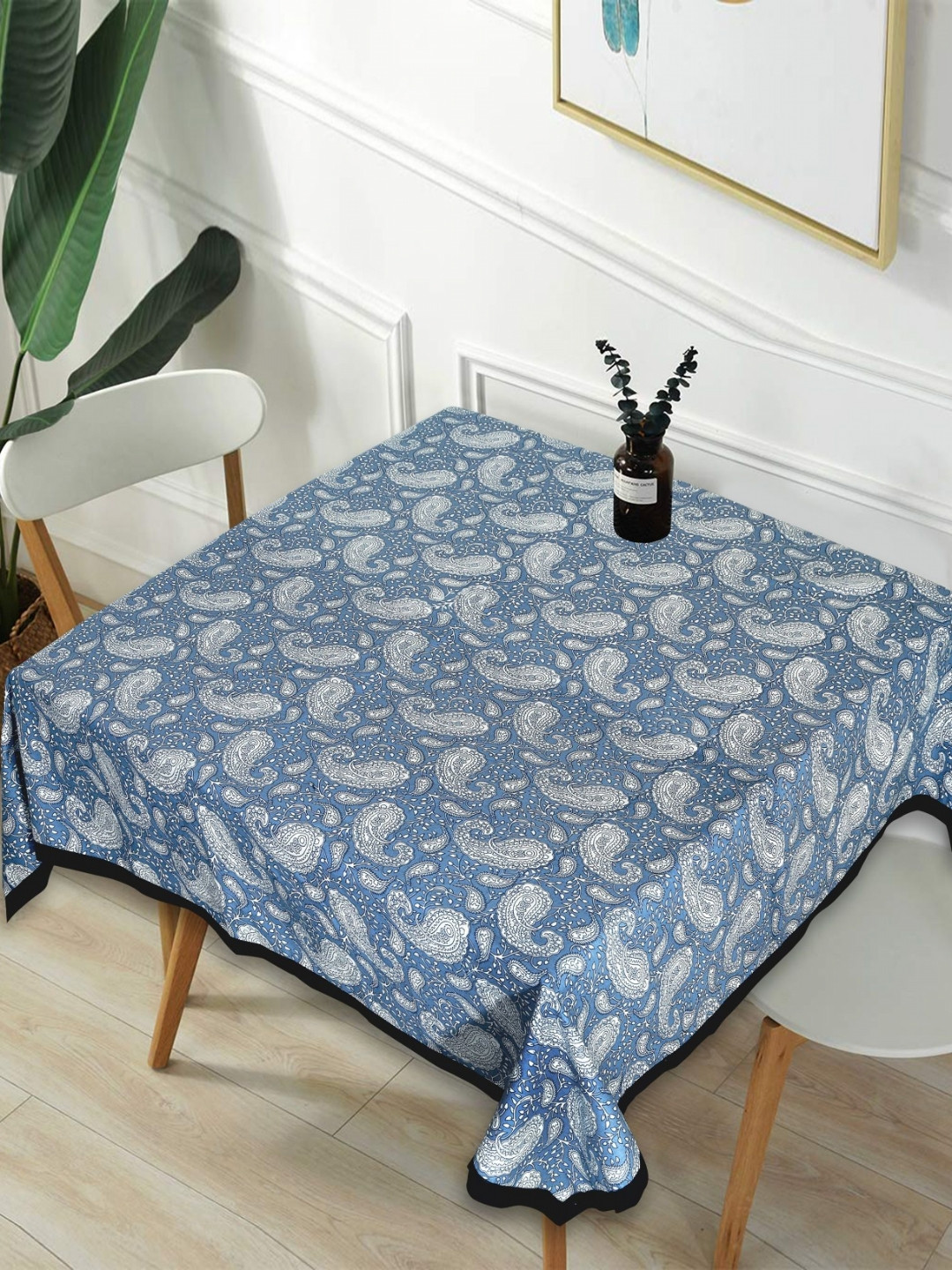 Texstylers Blue Paisley Printed Anti-Slip 2-Seater Square Pure Cotton Table Cover