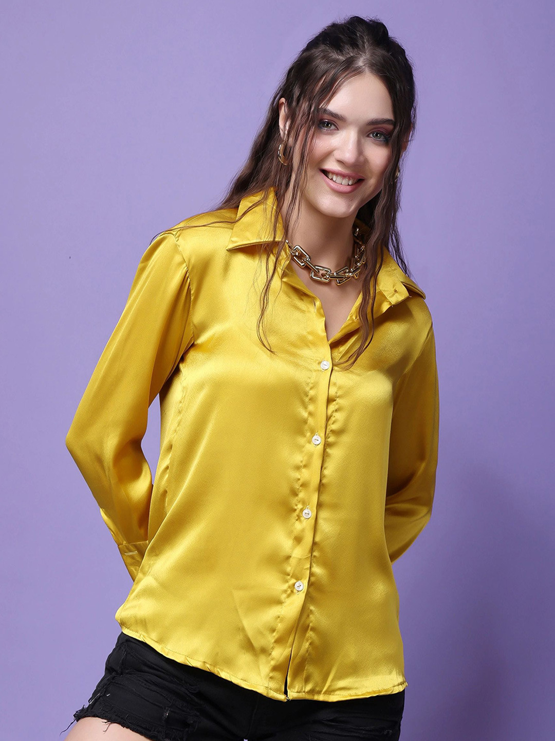 Popwings Women Modern Spread Collar Relaxed Fit Casual Shirt