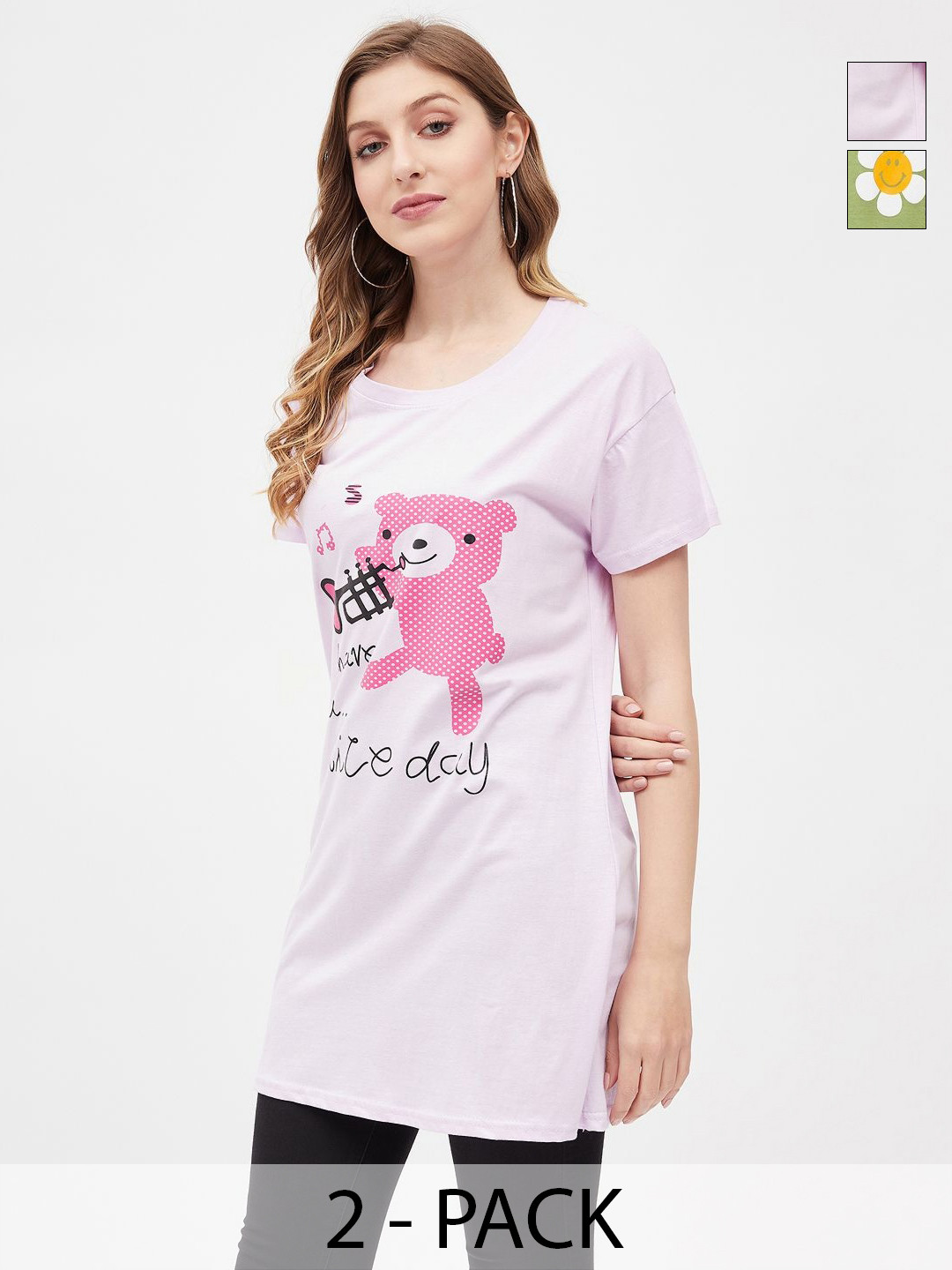Christy World Women Pack Of 2 Floral Printed Round Neck Longline T-shirt