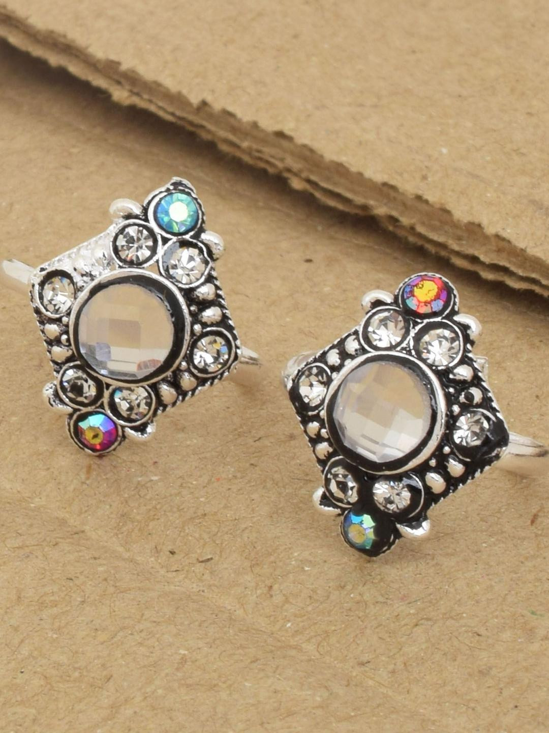 MEMOIR Silver plated Antique finish, Colourful Mystic CZ stylish Adjustable Ethnic Toe Ring