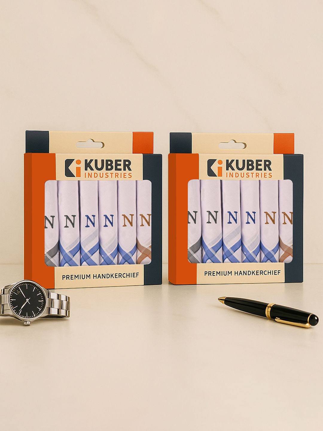 Kuber Industries 12 Pcs Set Monogram Letter (N) Embroidery Border White Handkerchief