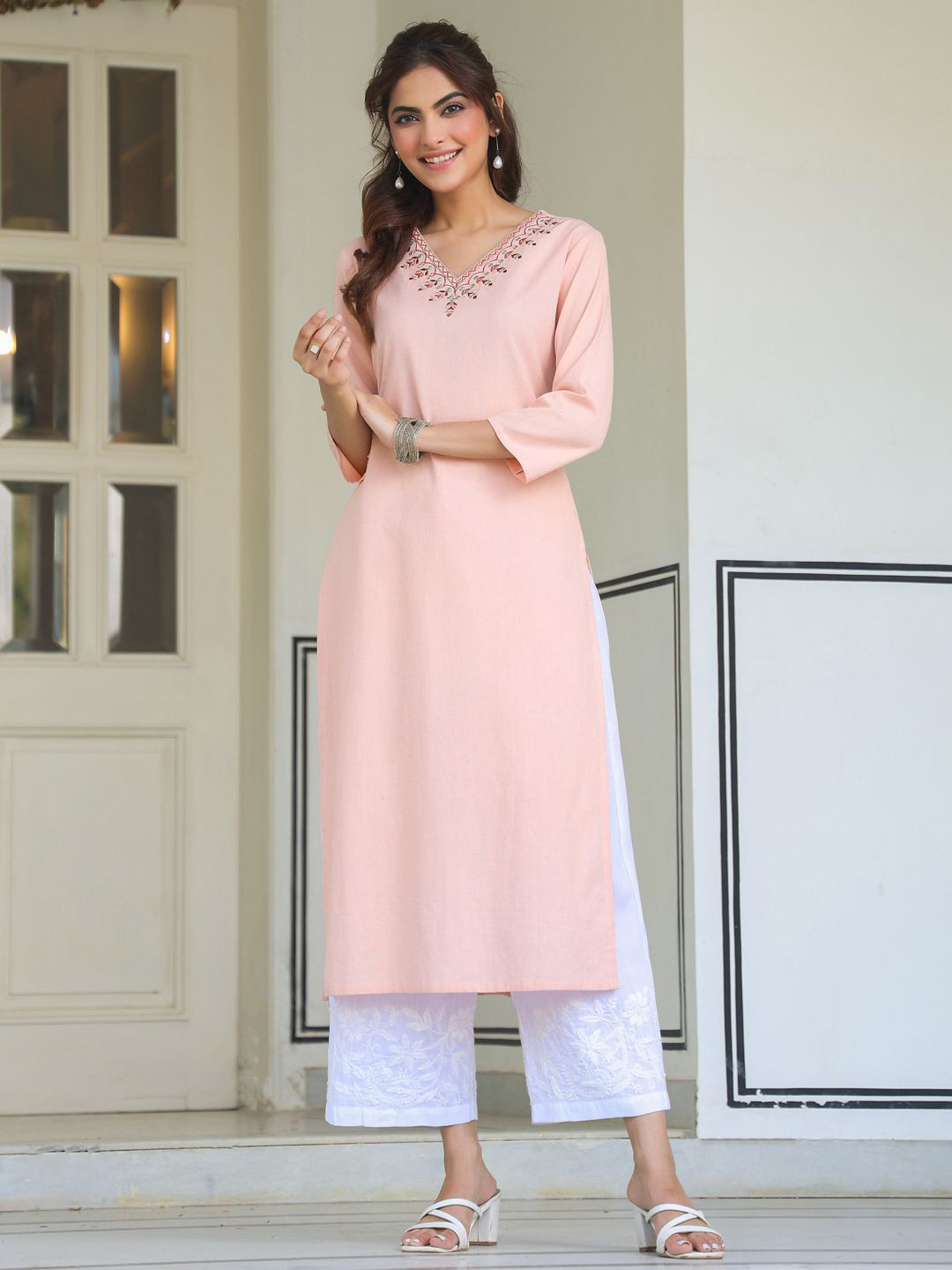 Janasya Women's Peach Linen Cotton Yoke Embroidered Straight Kurta
