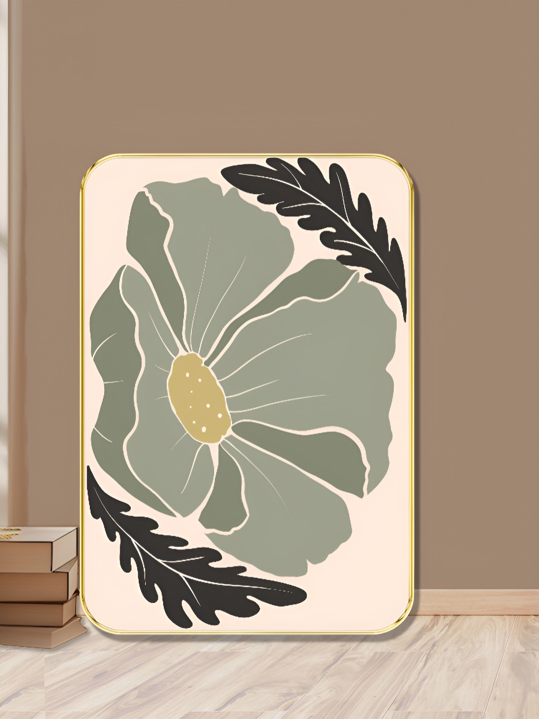 SAF Minimalist Green Flower sparkle lamination Wall Art | Modern Botanical Painting