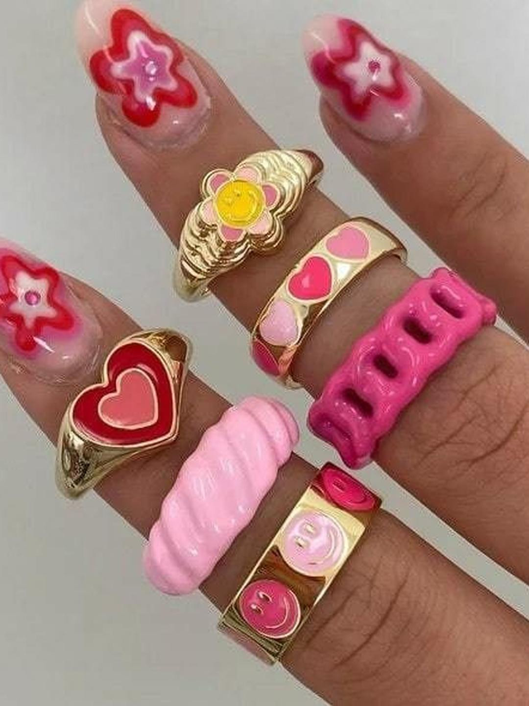 Arzonai Pink Set of 6 Rings Metal Ring