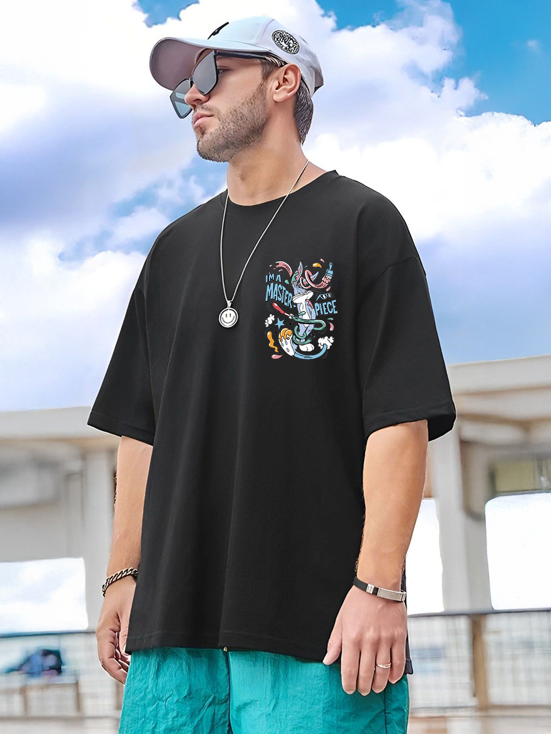 Kasendra Men Self Design Graphic Printed Oversized T-shirt