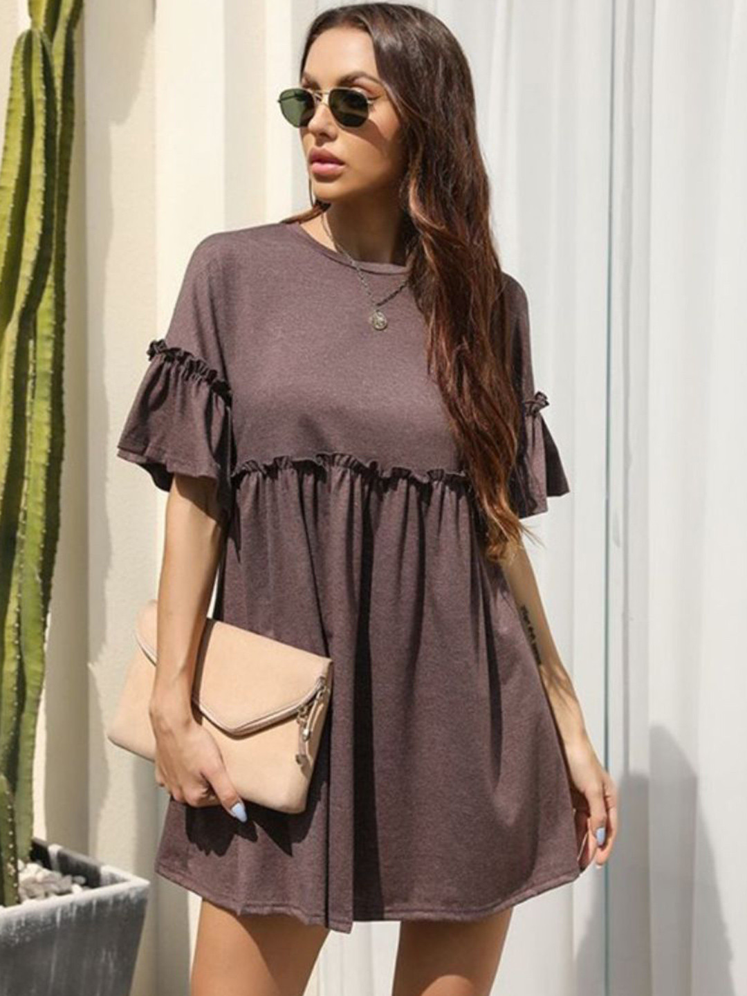 StyleCast Women Solid Round Neck Drop-Waist Mini Dress