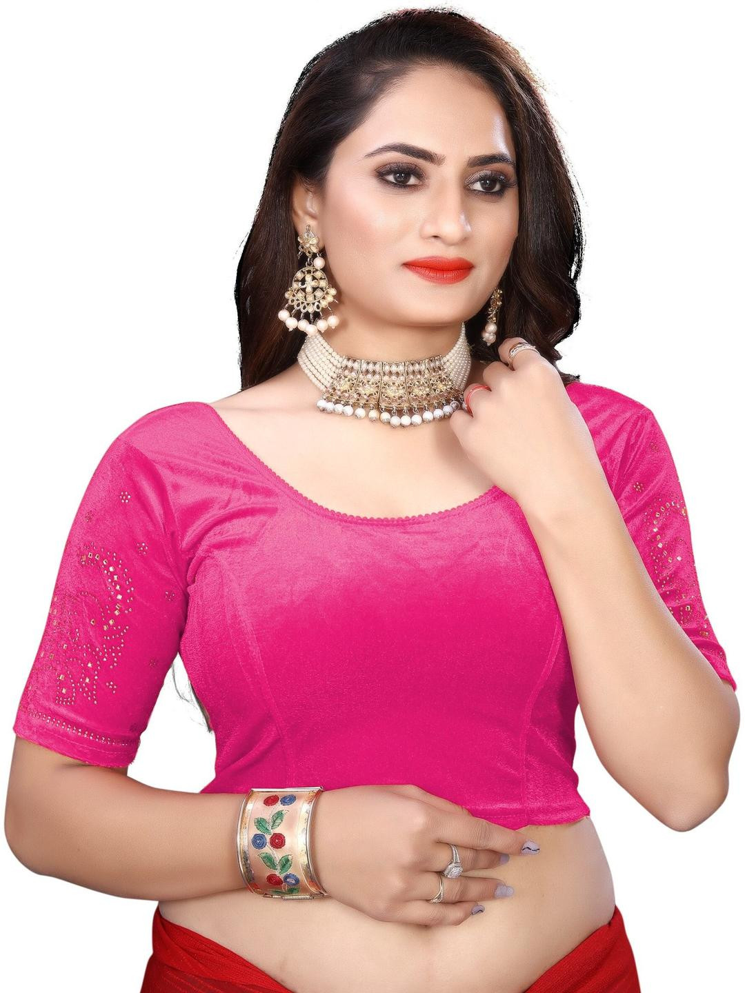 PU FASHION Women Embellished Pink Ready to Wear Saree Blouse