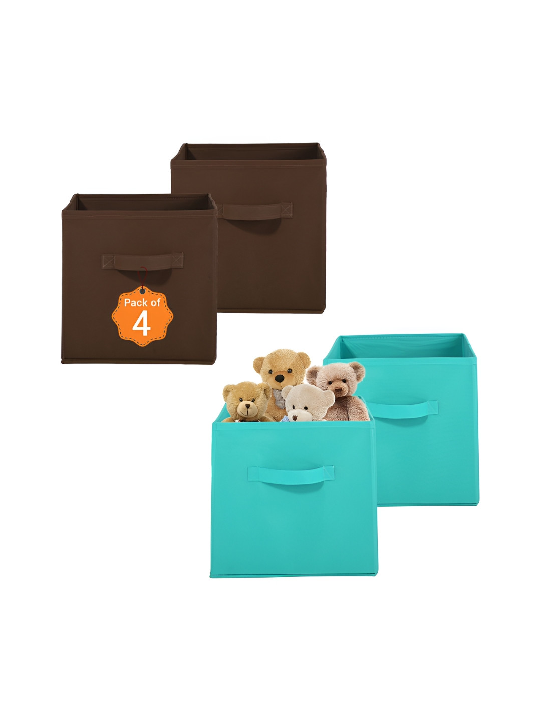 Aura 4 Pcs Green & Brown Non-Woven Cloth Wardrobe Storage Box Organisers