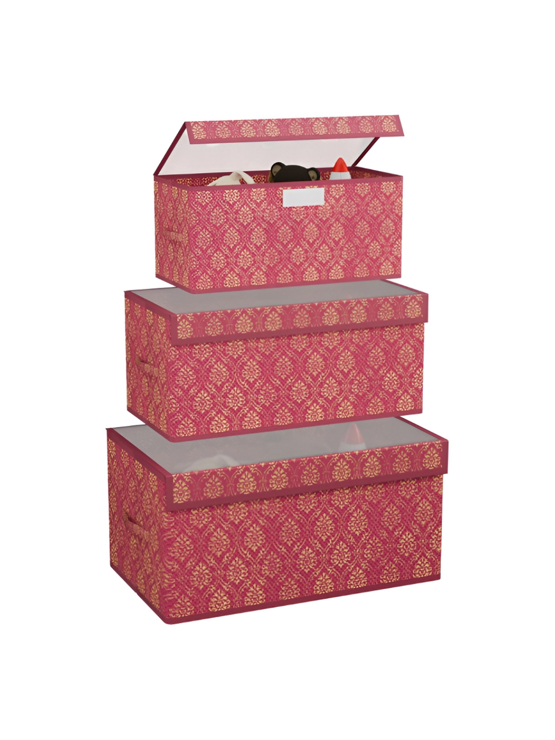 Aura Maroon & Gold-Toned 3 Pieces Printed Drawer Organisers With Transparent Lid