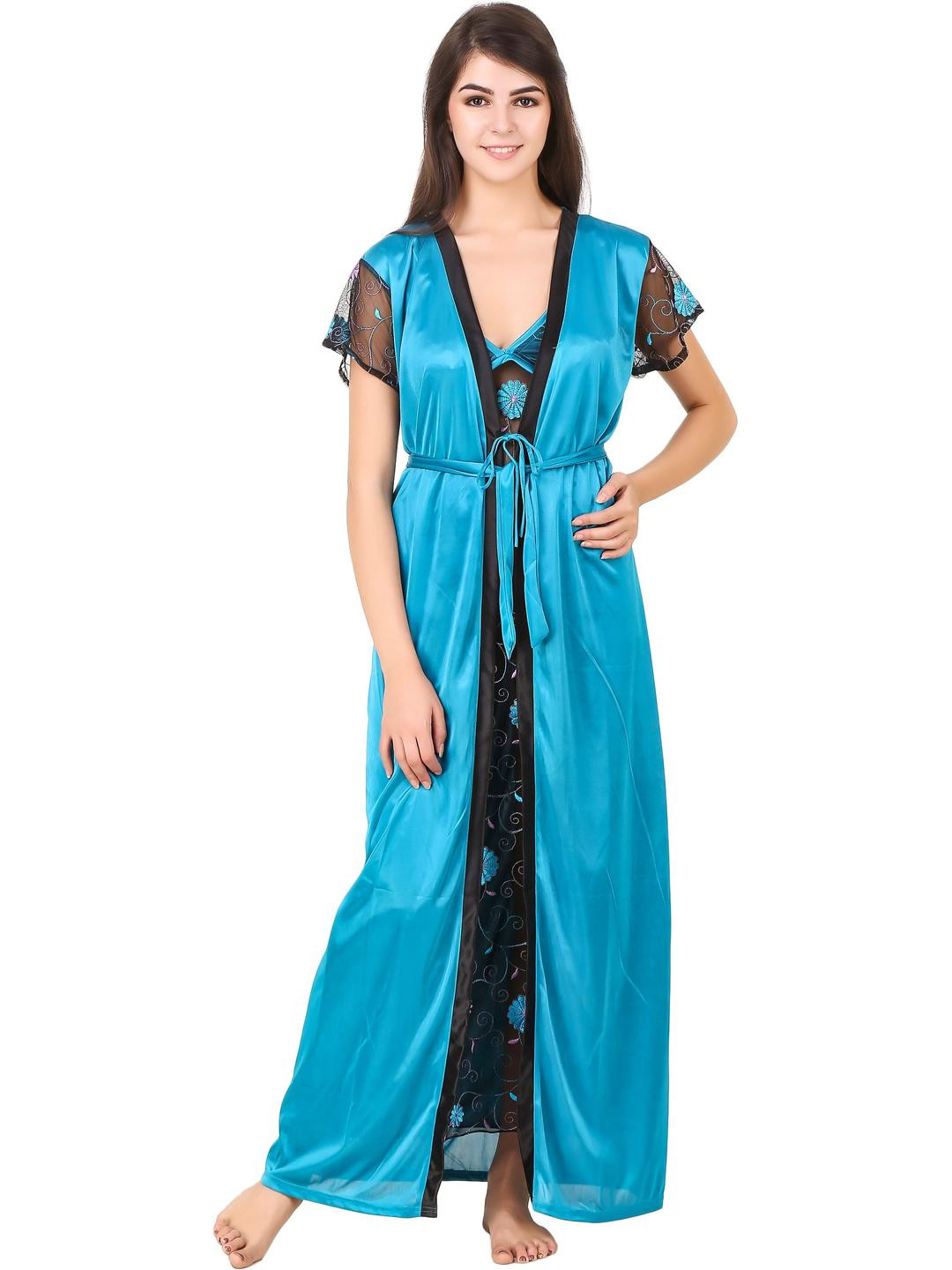 FIRE FIGURE Blue Net Maxi Printed Nightdress