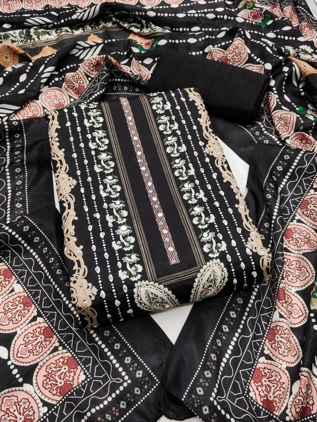 KALINI Black France Silk Digital Print Mirror & Diamond Work Unstitched Dress Material