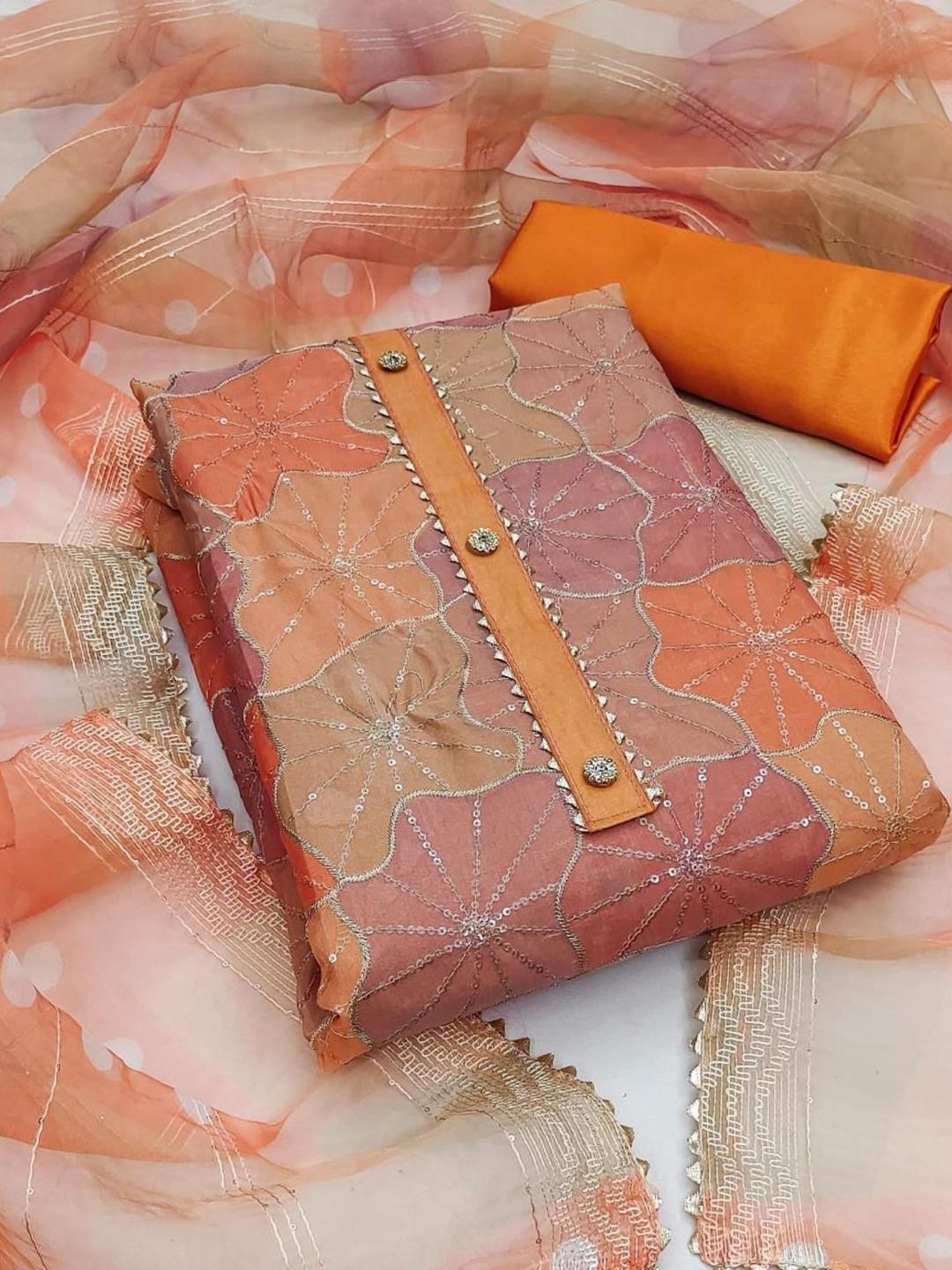 KALINI Orange Organza Position Print With Sequence Work Unstitched Dress Material