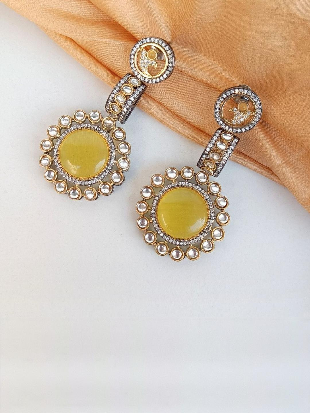 FindHerFavorite Gold-Plated Artificial Stones Studded Circular Shaped Drop Earrings