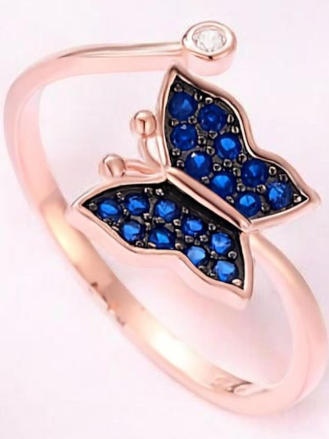 SilverAura 925 Butterfly Rose-Gold Plated Blue CZ Sterling Silver Ring
