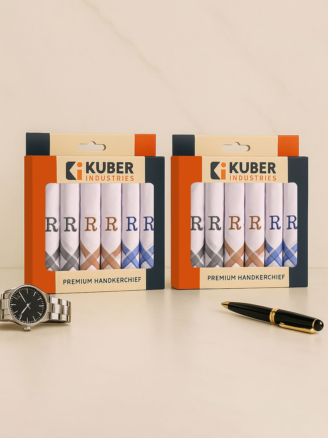 Kuber Industries 12Pcs Monogram Letter R Embroidery Border Pure Cotton Handkerchiefs