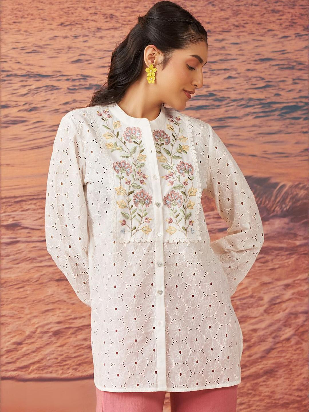 Lakshita Embroidered Mandarin Collar Cotton Schiffli Top