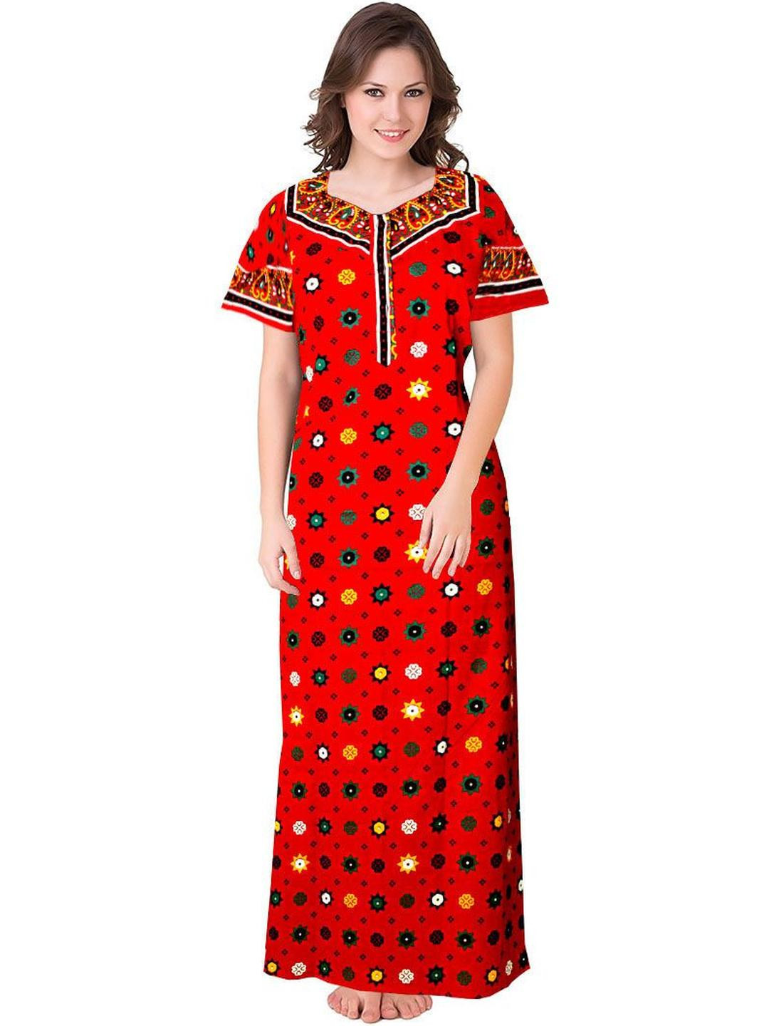 AAKARSHANA Red Pure Cotton Maxi Printed Nightdress