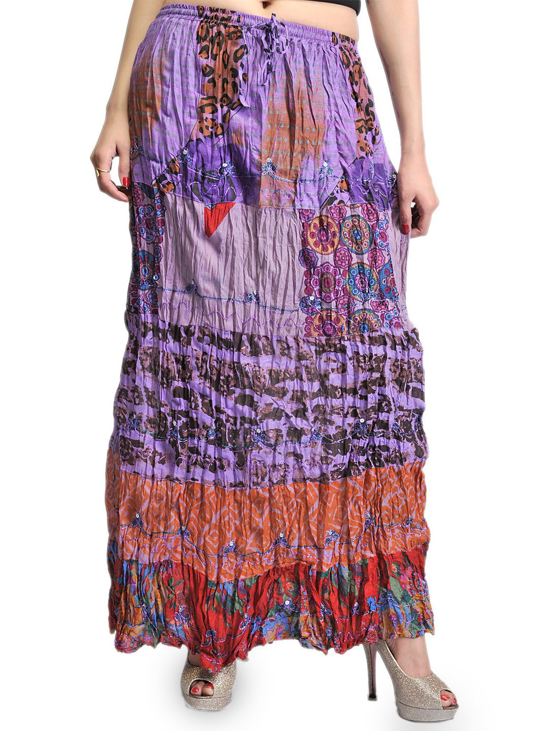 Exotic India Lavender Crushed Elastic Skirt With Batik Print