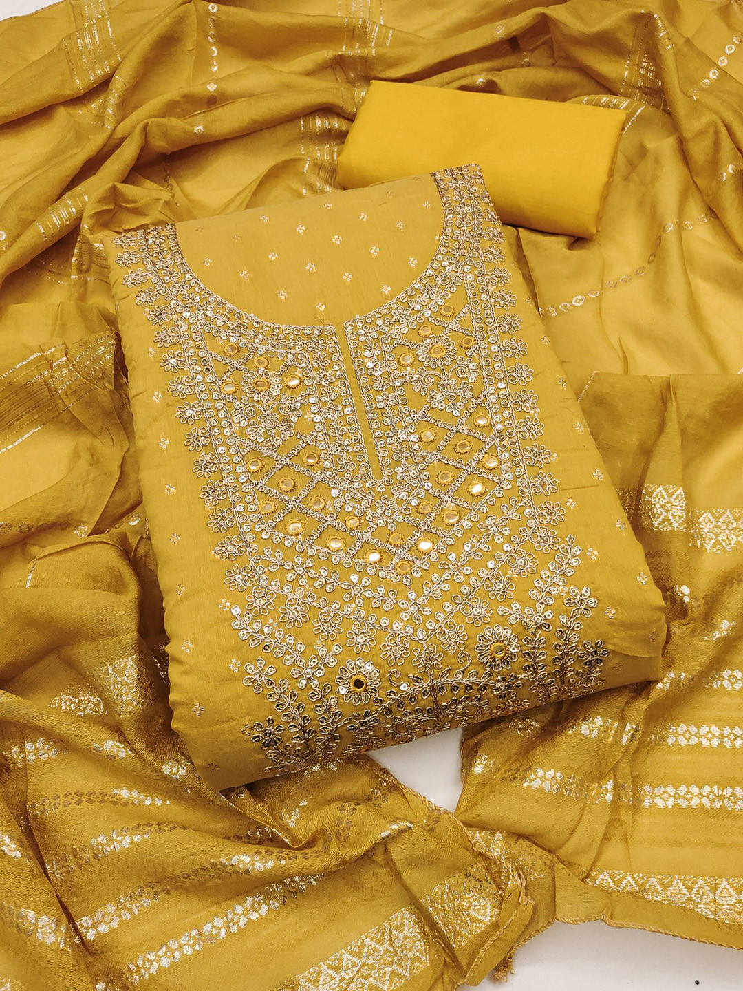 LeeliPeeri Designer Floral Embroidered Chanderi Silk Butti Unstitched Dress Material