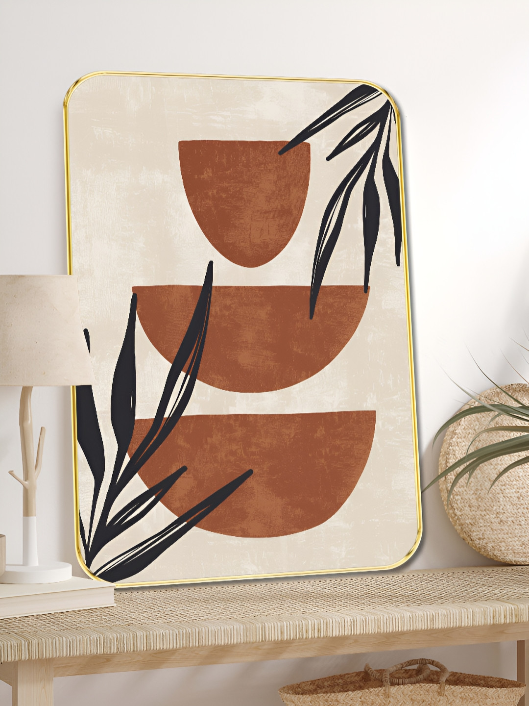 SAF Beige & Brown Terracotta Bowl Printed Wall Art