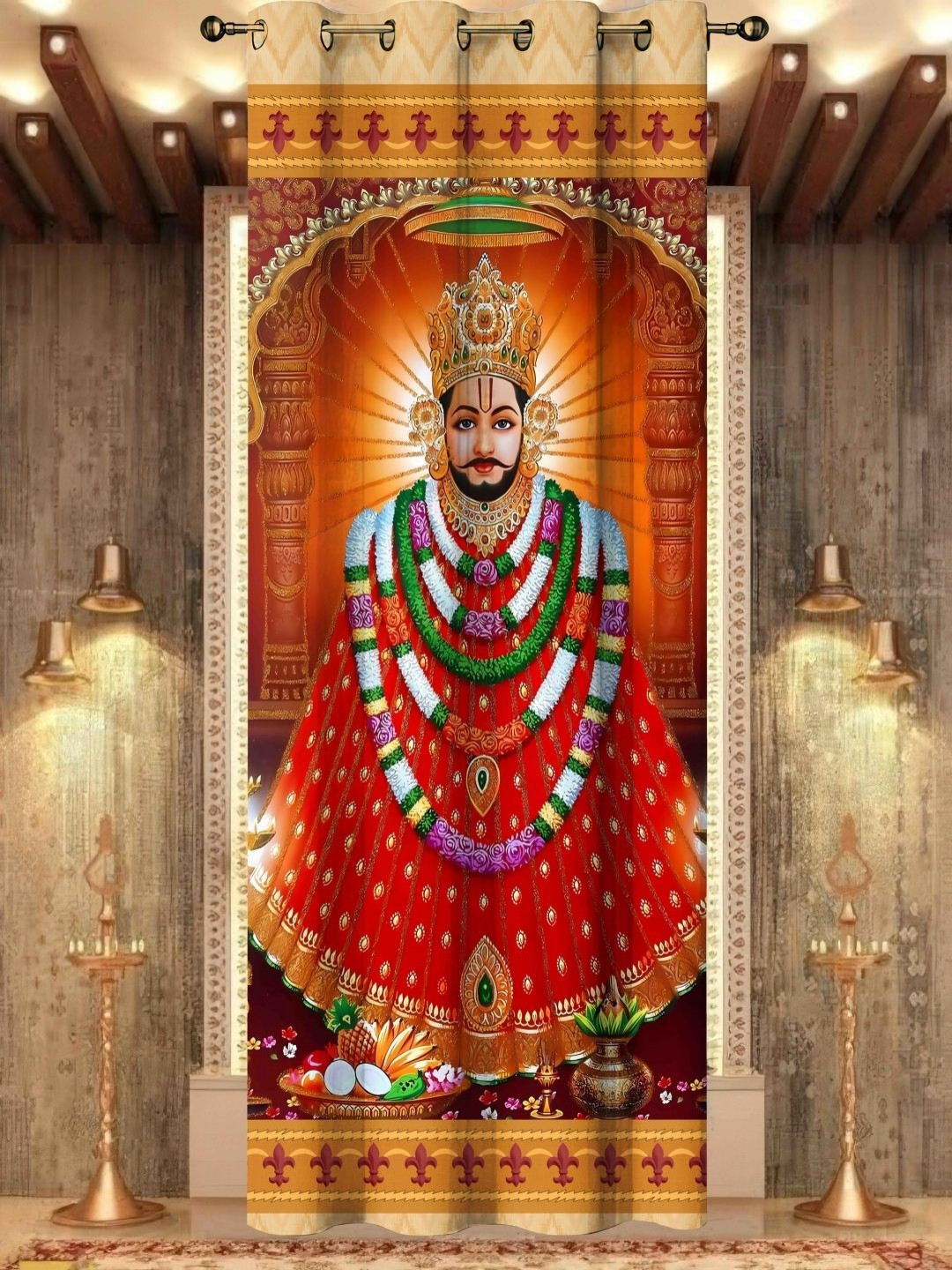 Aura Red & Green Ethnic Motifs Religious God Bhagwan Temple Printed Door Curtain