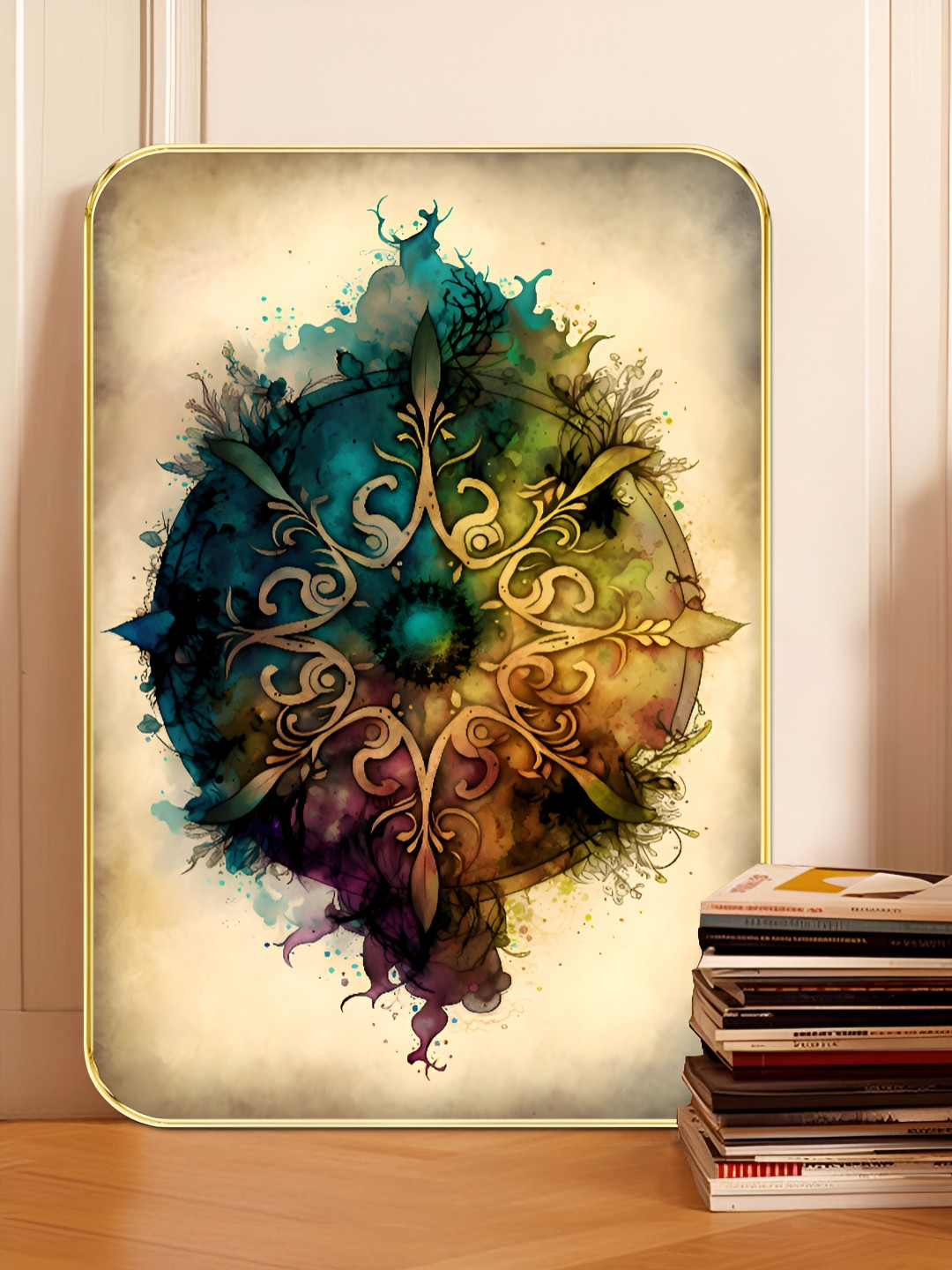 SAF Beige & Blue Mystic Mandala Wooden Wall Art