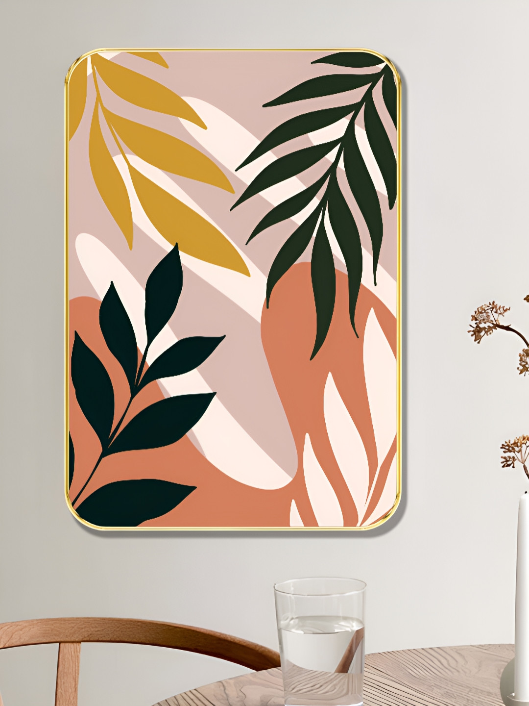 SAF Brown & Pink Boho Tropical Leaf Sparkle Lamination Wooden Wall Art