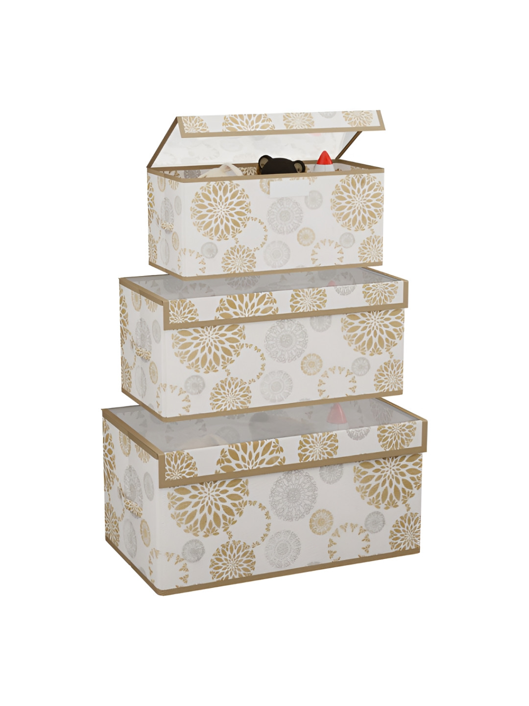 Aura White and Beige 3 Pieces Floral Printed Organiser with Transparent Lid
