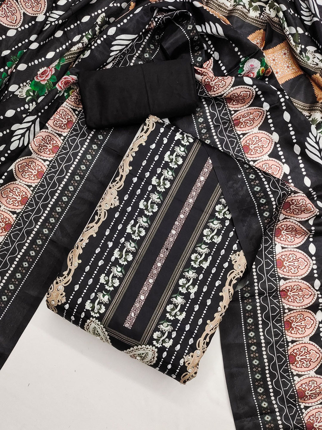 LeeliPeeri Designer Floral Printed Mirror Work France Silk Unstitched Dress Material