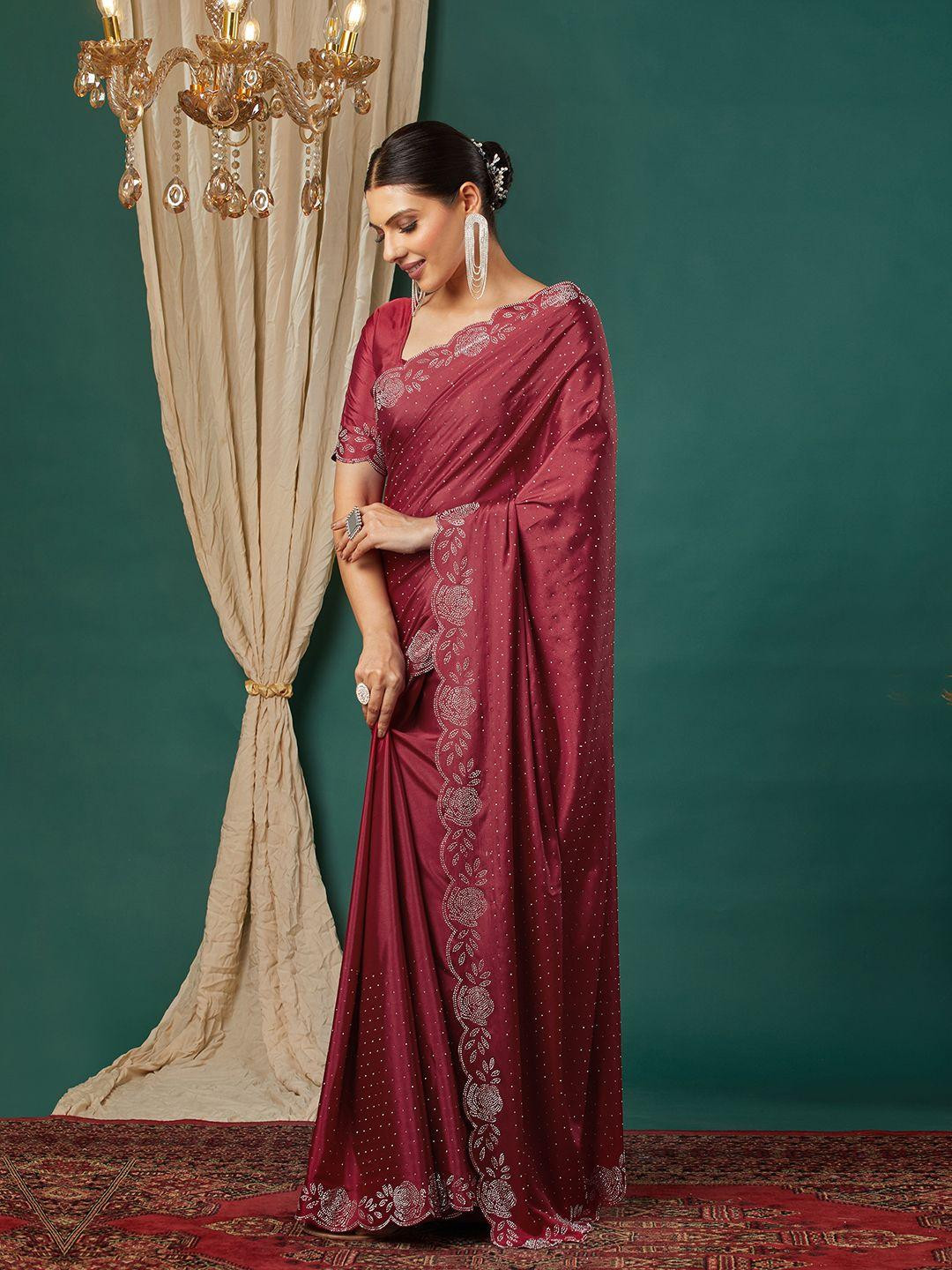 KALINI Maroon Satin Embellished Sarees