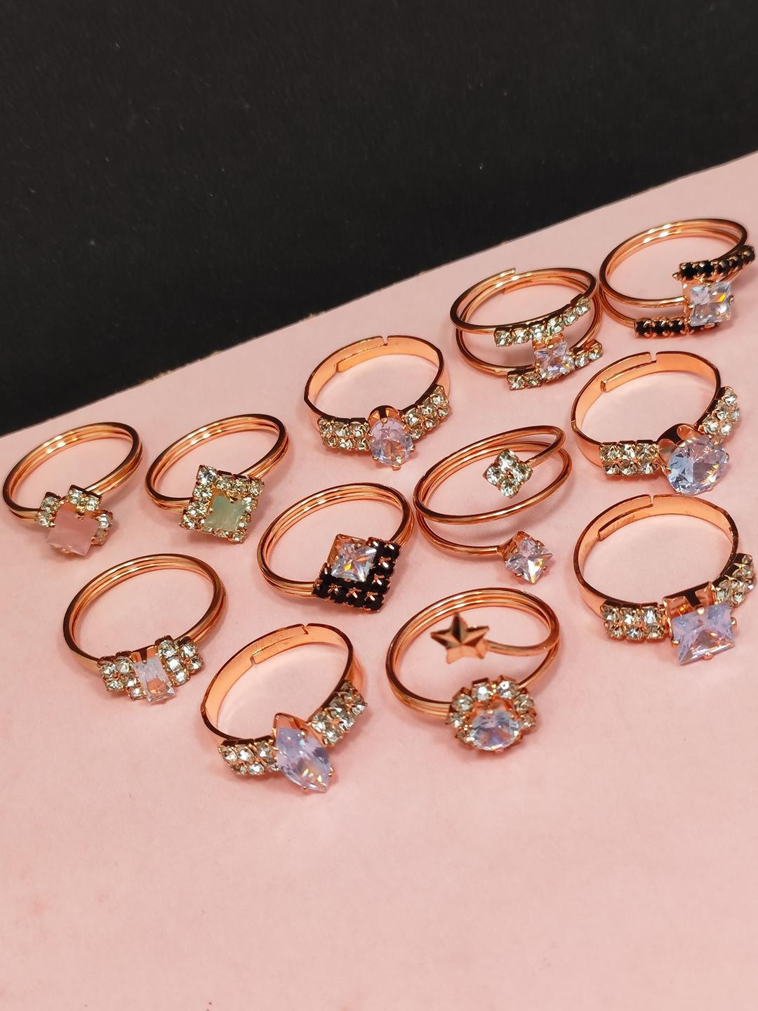 DIVYANSHI COLLECTION Set Of 12 Gold & Silver Plated Multicolour Multisizes Rings