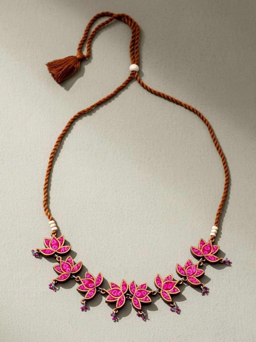 WHE Women Brass Bandhani Upcycled Repurposed Wood Statement Choker Lotus Necklace