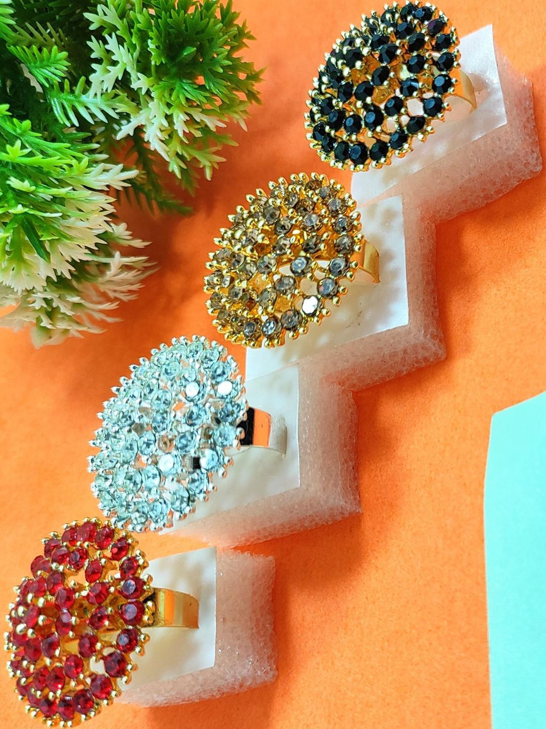 DIVYANSHI COLLECTION Pack Of 6 Silver Plated Multicolour AD Rings