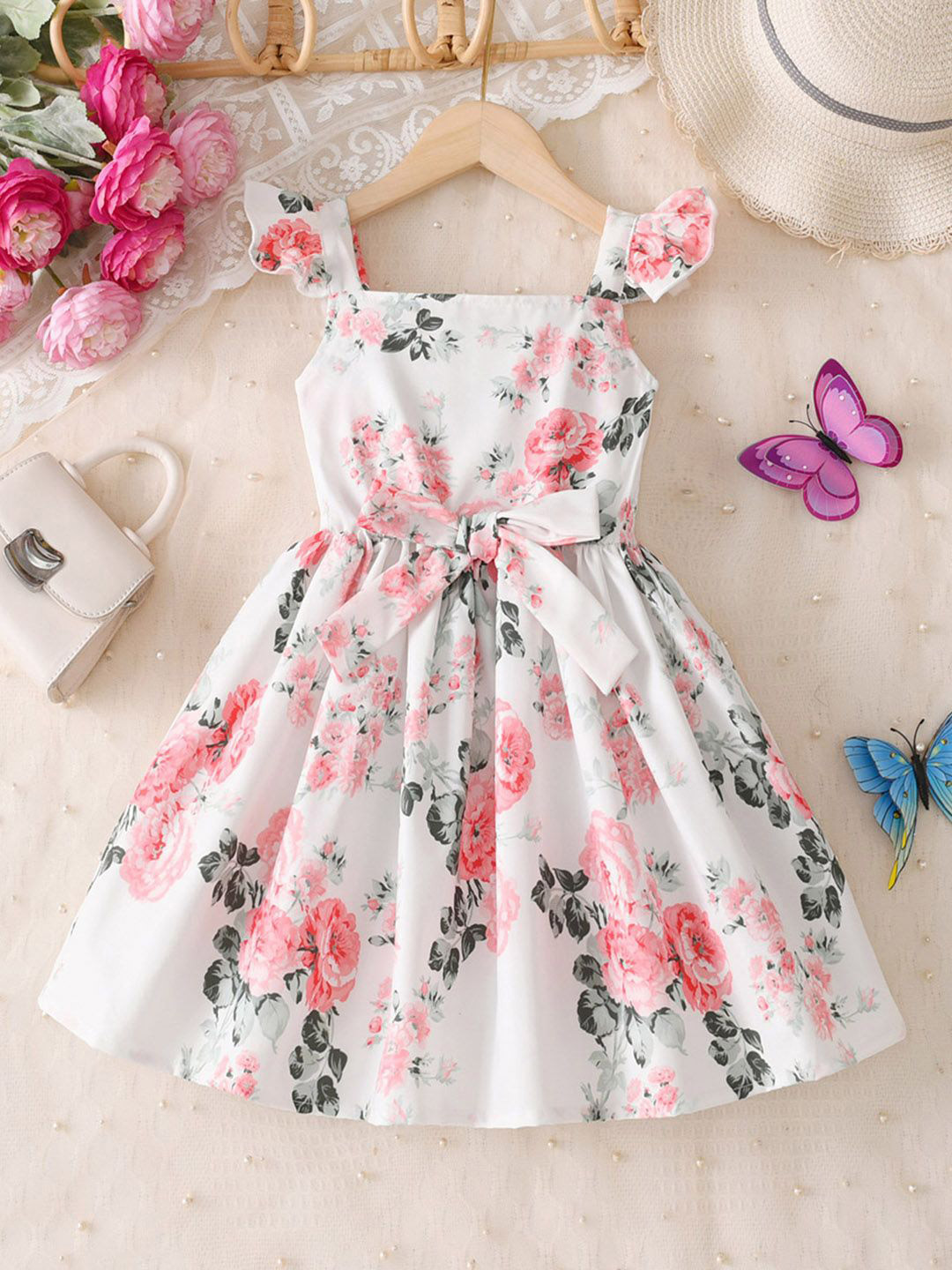 INCLUD Girl's Floral Printed Square Neck Fit & Flare Knee Length Dress With Bow