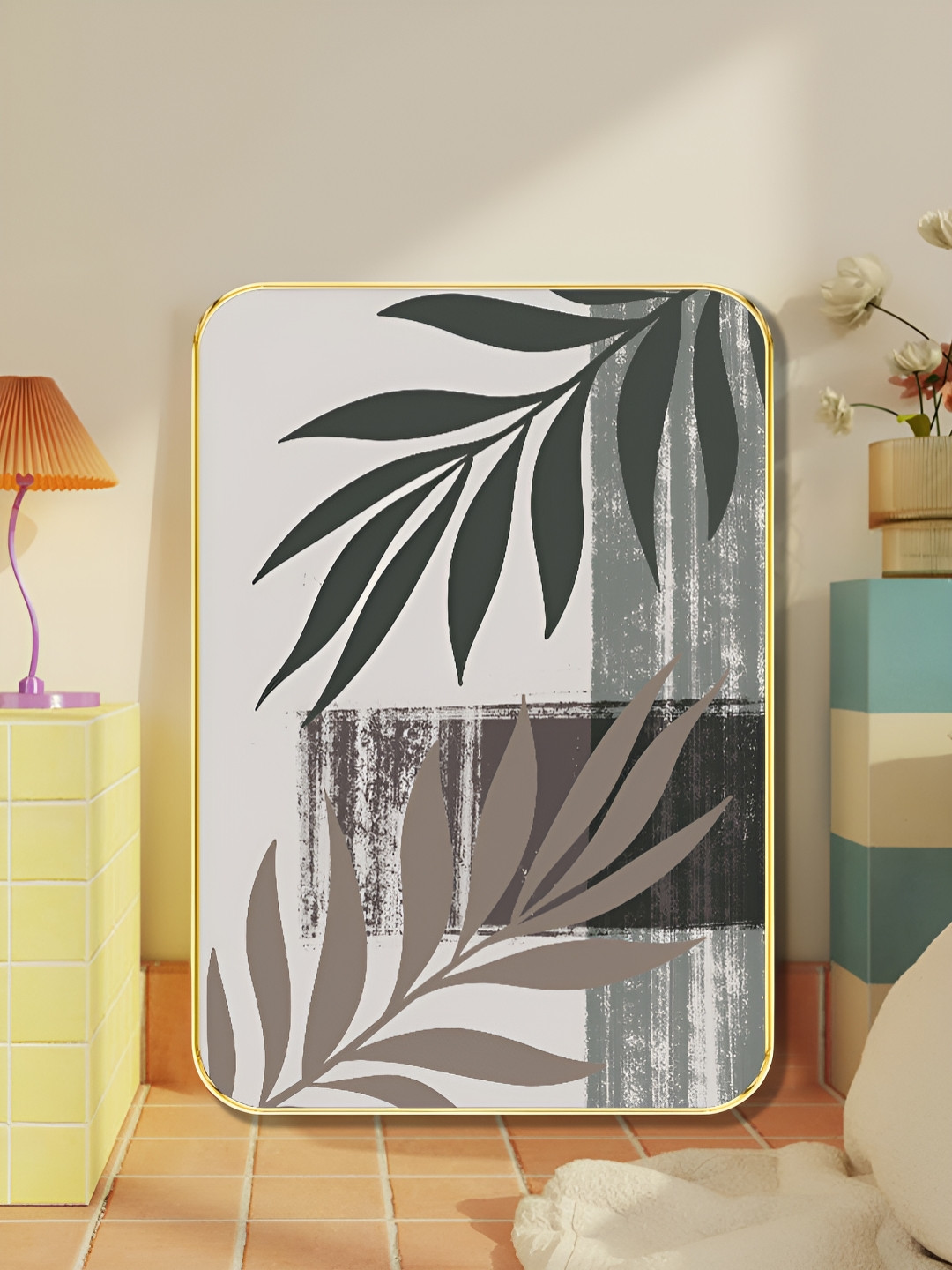 SAF Grey & White Modern Abstract Botanical Sparkle Lamination Wooden Wall Art