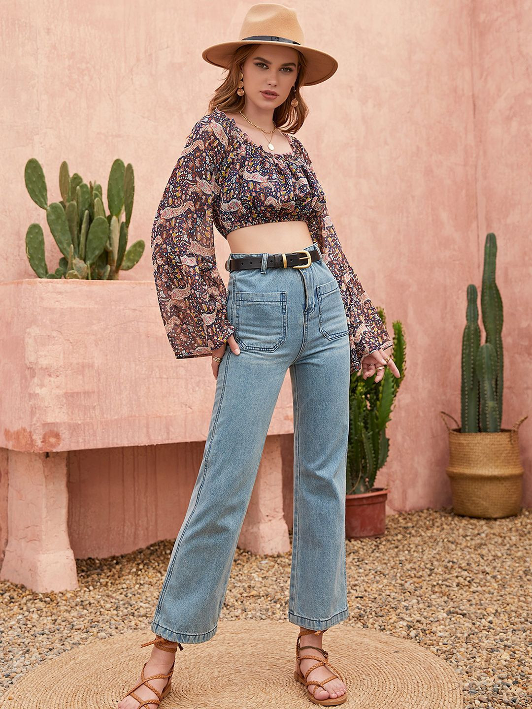 JC Mode Paisley Print Flared Sleeve Crop Top
