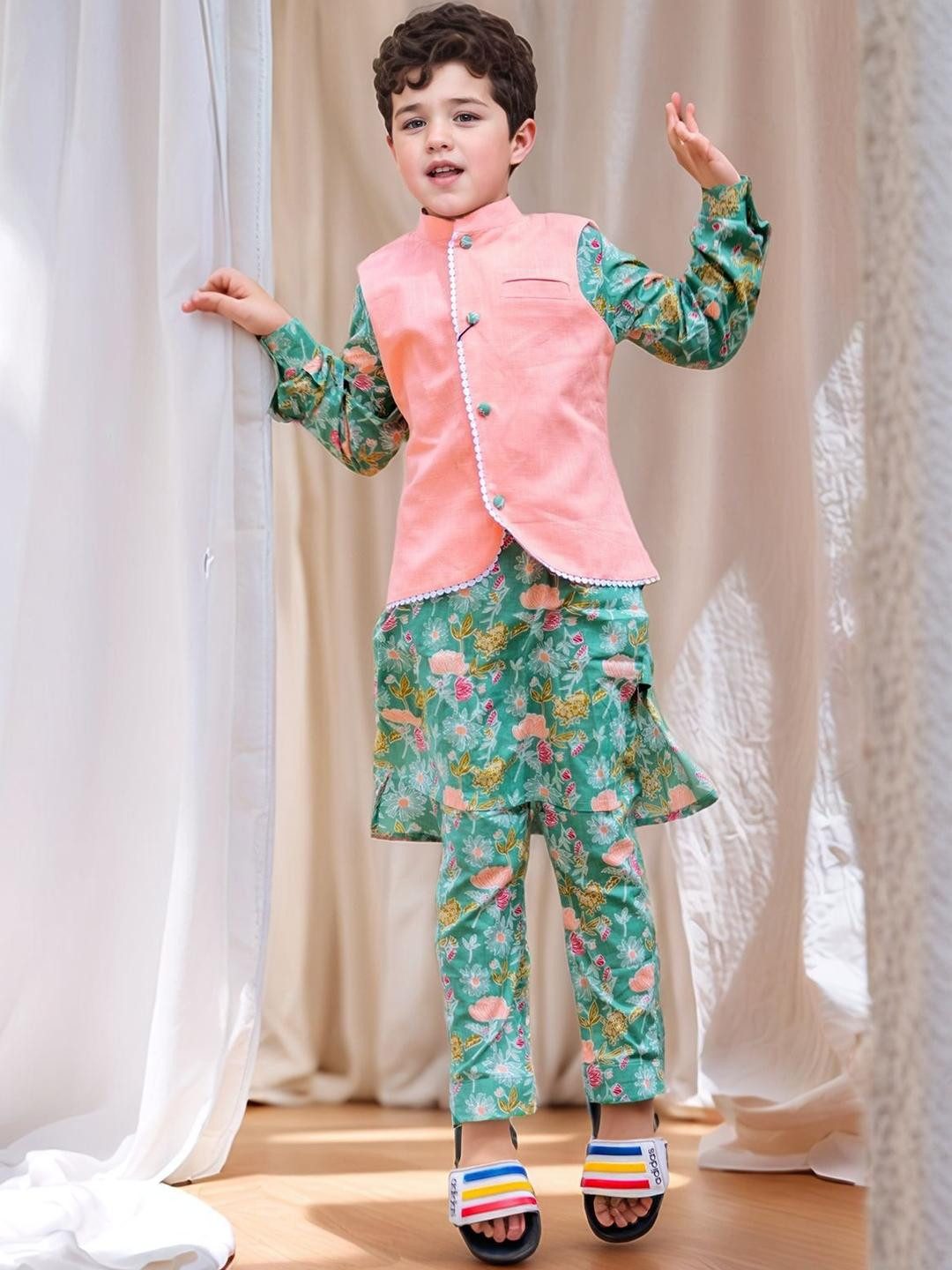 Mamma's Bear Boys Floral Printed Pure Cotton Kurta with Pyjamas & Nehru Jacket