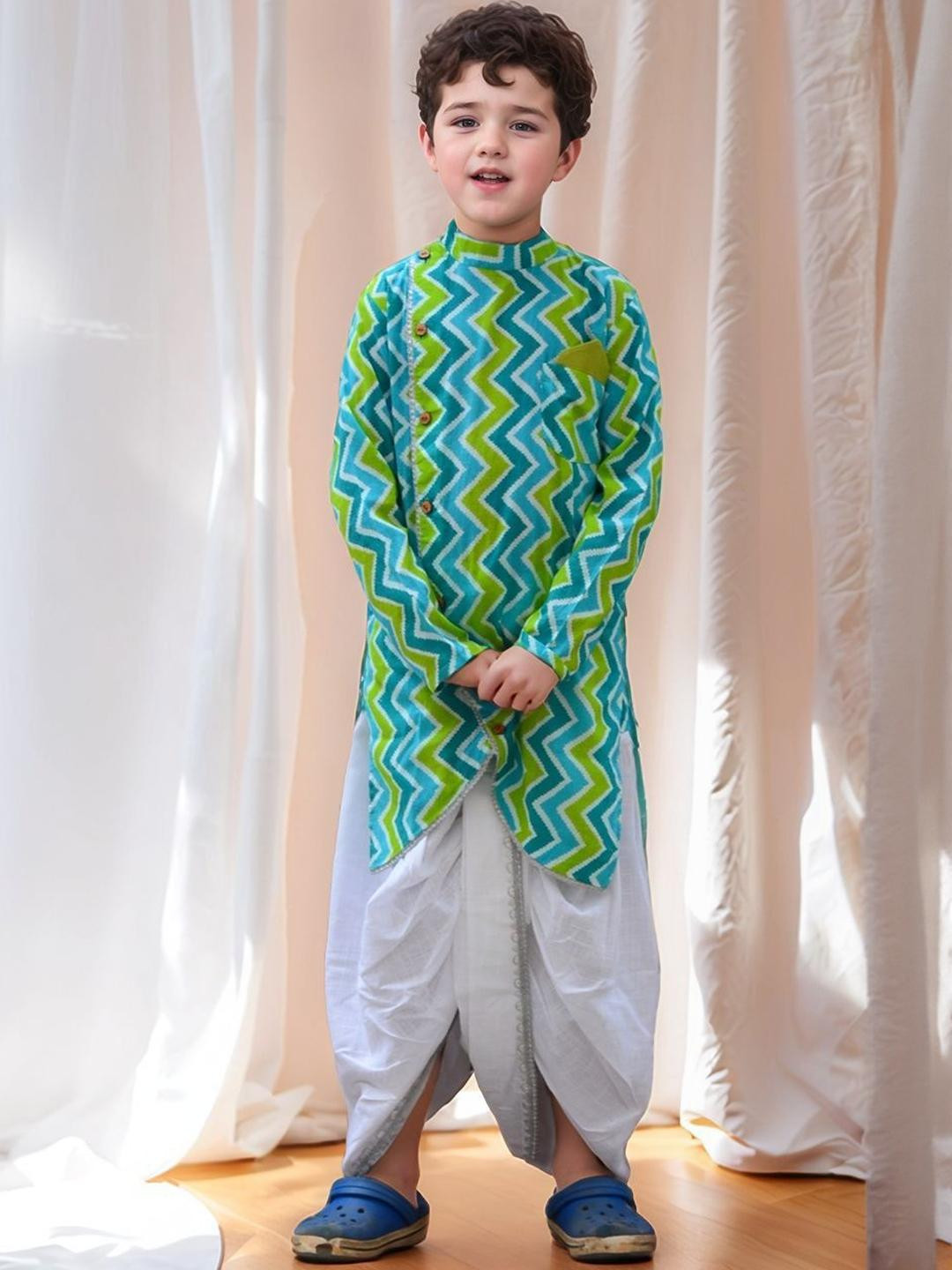 Mamma's Bear Boys Printed Angrakha Pure Cotton Kurta with Dhoti Pants