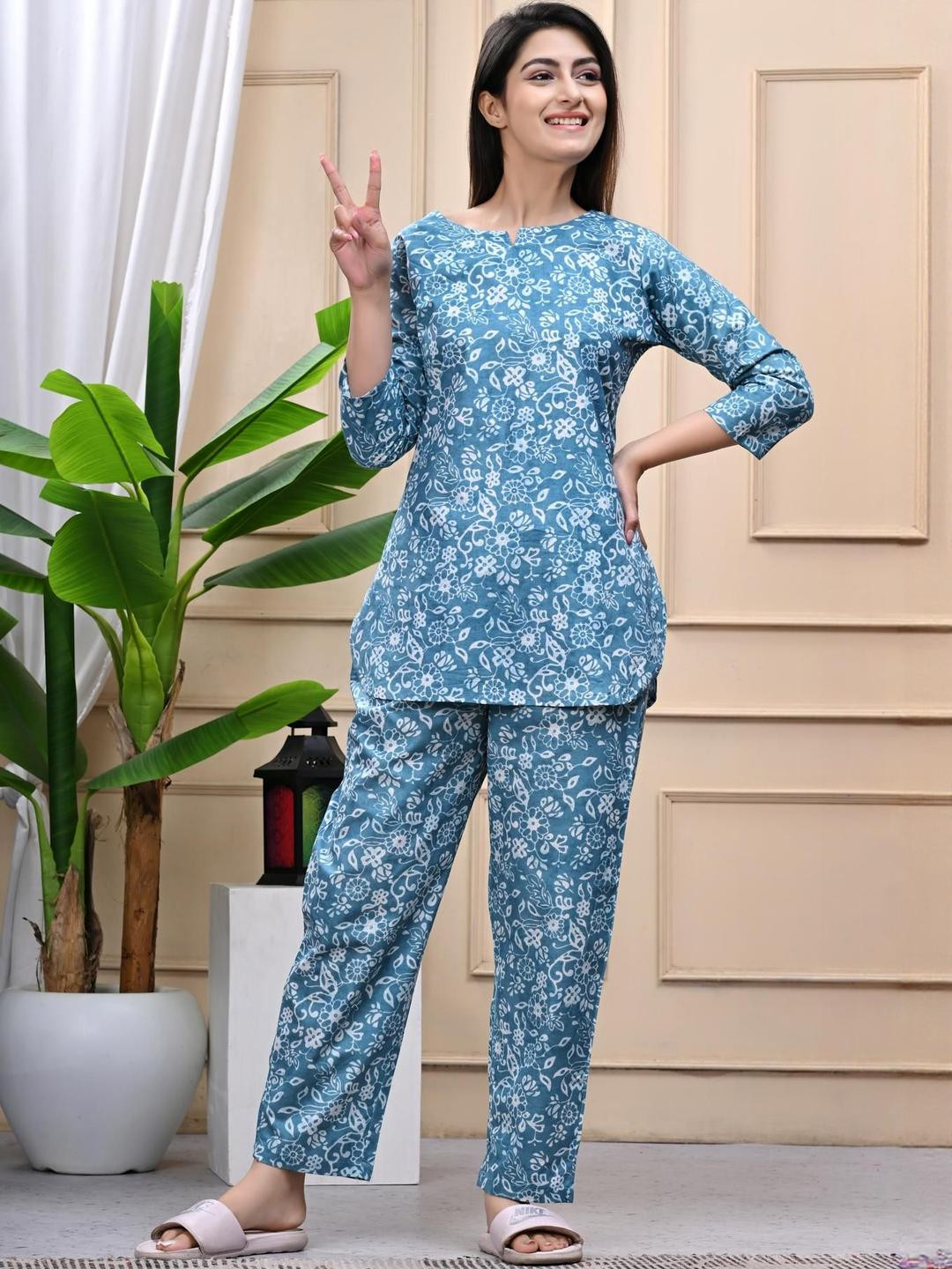 Dreambe Adults-Women Blue Pure Cotton Night suits