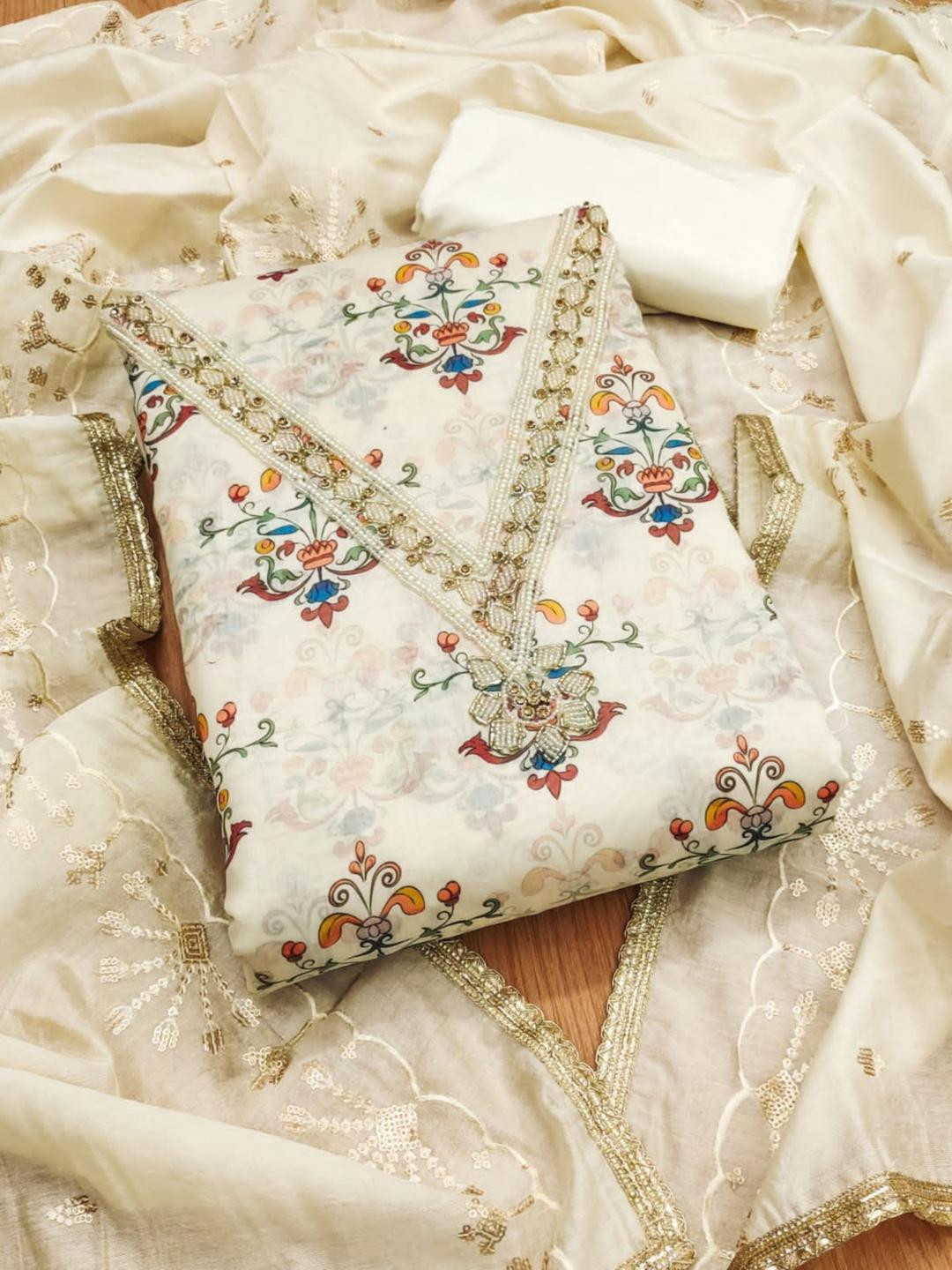 KALINI Cream Chanderi Silk Digital Print With Embroiderd Unstitched Dress Material