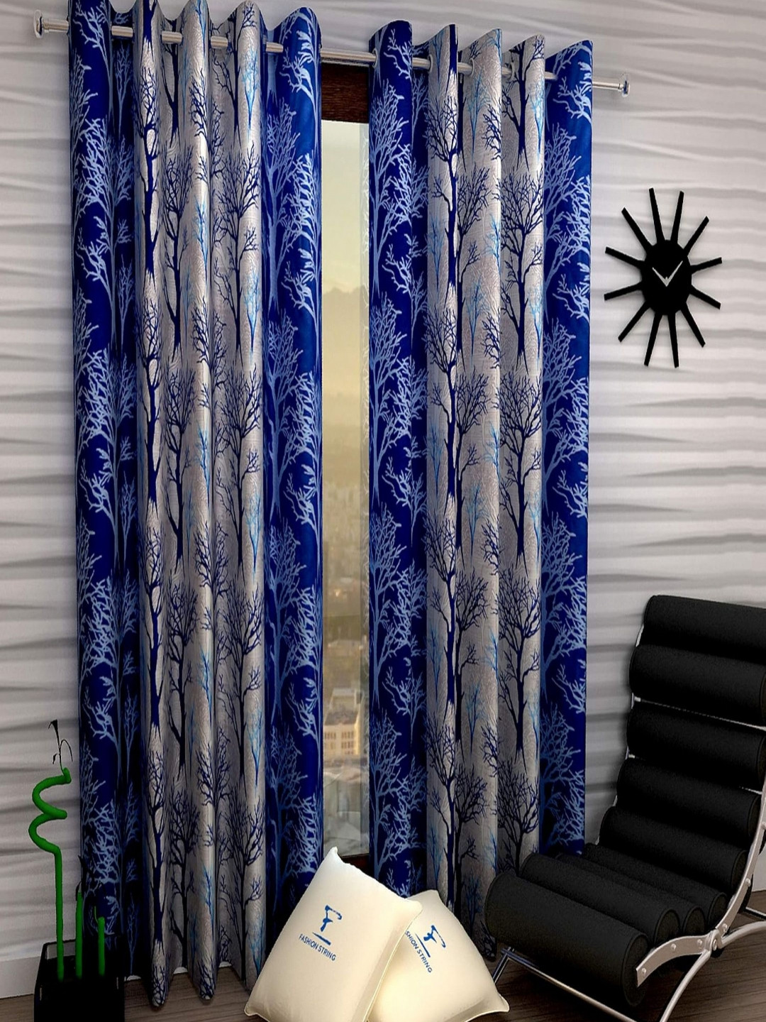 Lunar Days Blue Set of 2 Long Door Fashion 95% Room Darkening Eyelet Ring Curtains