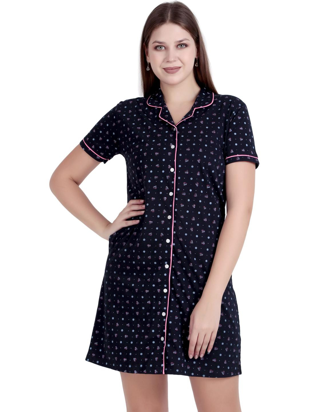 WOEMUR Navy Blue Pure Cotton Maxi Printed Nightdress