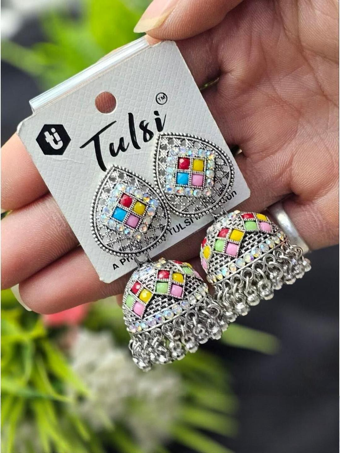 tulsi imitation Artificial Studded & Ghungroo Beaded Oxidised Dome Shaped Jhumkas